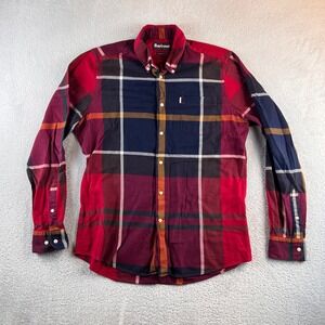 Barbour Tailored Fit Plaid Button Down Shirt Mens Small Red Navy Blue Check